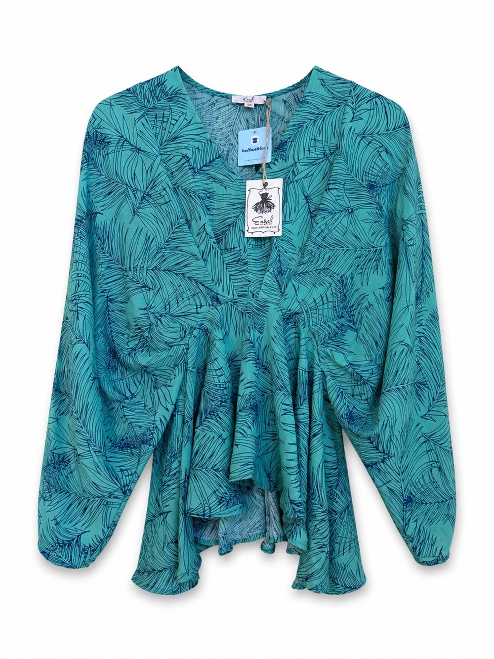 Easel | NWT Tropical Palm Print V-Neck Dolman Sleeve Peplum Hem Blouse Shirt S